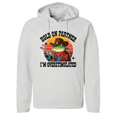 Hold On Partner Im Overstimulated Cowboy Frog Funny Performance Fleece Hoodie