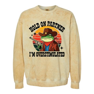 Hold On Partner Im Overstimulated Cowboy Frog Funny Colorblast Crewneck Sweatshirt