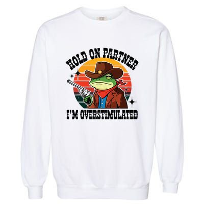 Hold On Partner Im Overstimulated Cowboy Frog Funny Garment-Dyed Sweatshirt