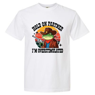 Hold On Partner Im Overstimulated Cowboy Frog Funny Garment-Dyed Heavyweight T-Shirt