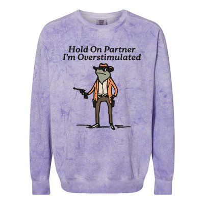 Hold On Partner IM Overstimulated Cowboy Frog Colorblast Crewneck Sweatshirt