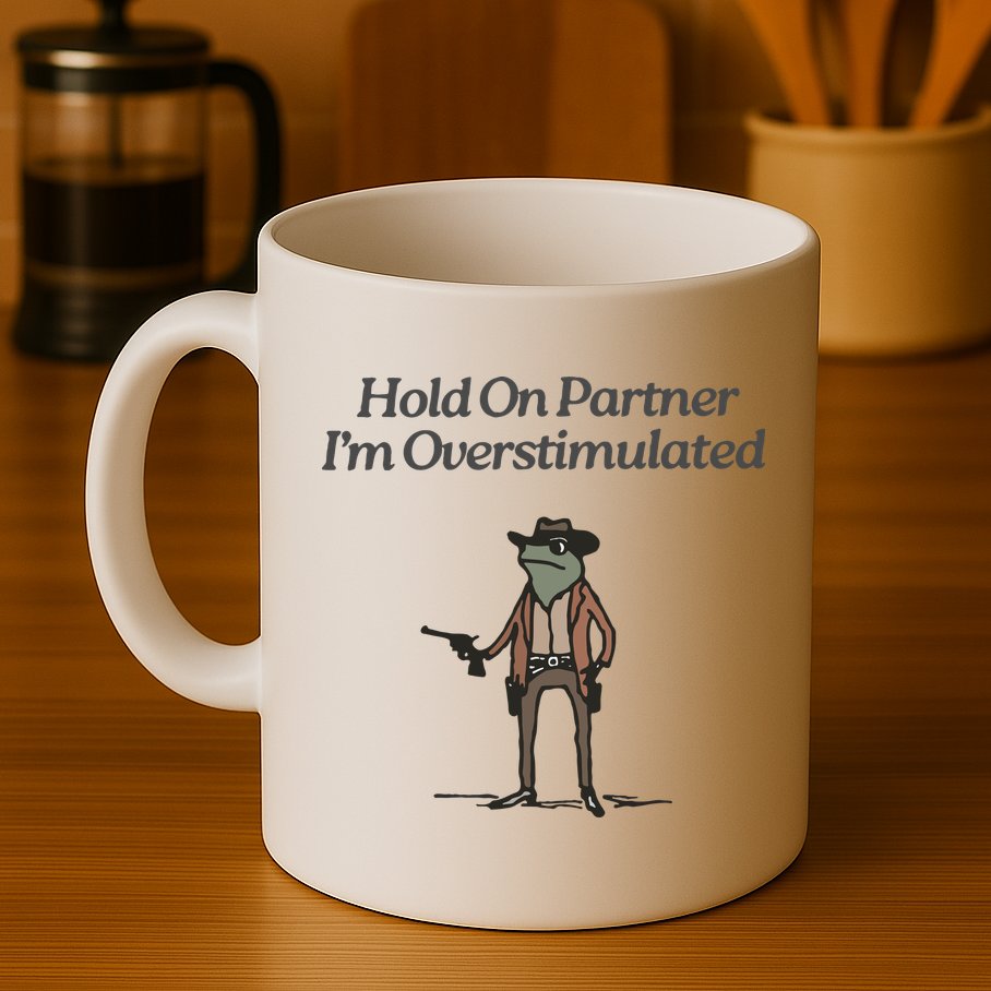Hold On Partner IM Overstimulated Cowboy Frog Vintage Mug