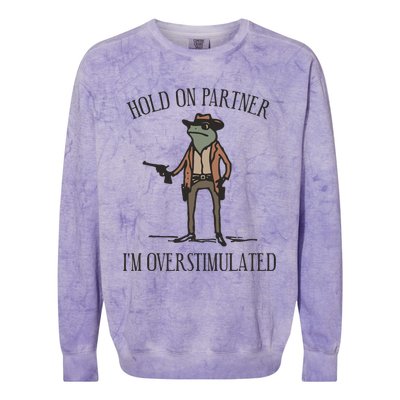 Hold On Partner IM Overstimulated Cowboy Frog Vintage Colorblast Crewneck Sweatshirt