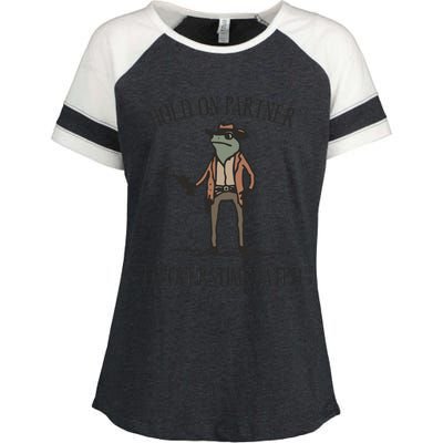 Hold On Partner IM Overstimulated Cowboy Frog Vintage Enza Ladies Jersey Colorblock Tee