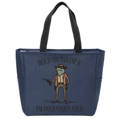 Hold On Partner IM Overstimulated Cowboy Frog Vintage Zip Tote Bag