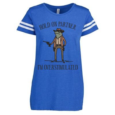 Hold On Partner IM Overstimulated Cowboy Frog Vintage Enza Ladies Jersey Football T-Shirt