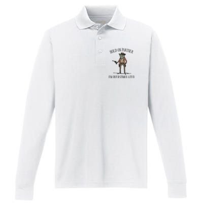 Hold On Partner IM Overstimulated Cowboy Frog Vintage Performance Long Sleeve Polo