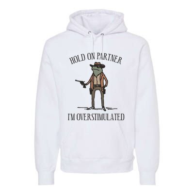 Hold On Partner IM Overstimulated Cowboy Frog Vintage Premium Hoodie