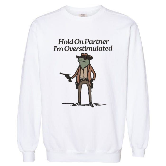 Hold On Partner IM Overstimulated Cowboy Frog Funny Garment-Dyed Sweatshirt