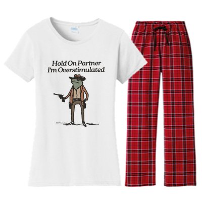 Hold On Partner IM Overstimulated Cowboy Frog Funny Women's Flannel Pajama Set