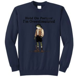 Hold On Partner IM Overstimulated Funny Frog Fishing Humor Tall Sweatshirt