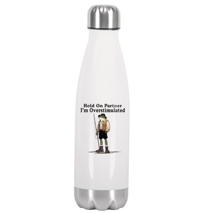 Hold On Partner IM Overstimulated Funny Frog Fishing Humor Stainless Steel Insulated Water Bottle