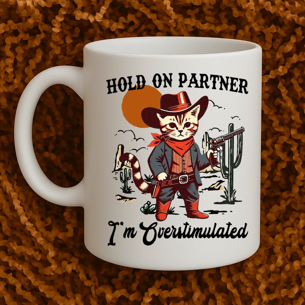 Hold On Partner IM Overstimulated Mug