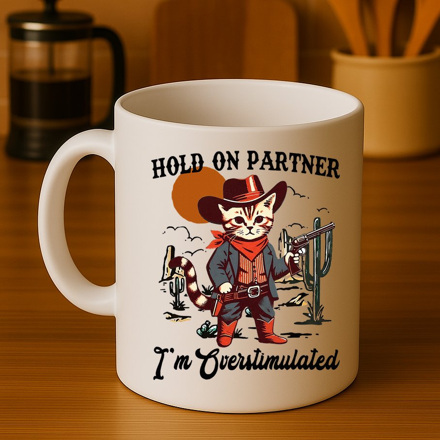 Hold On Partner IM Overstimulated Mug