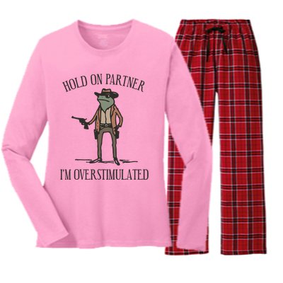 Hold On Partner IM Overstimulated Cowboy Frog Vintage Women's Long Sleeve Flannel Pajama Set 