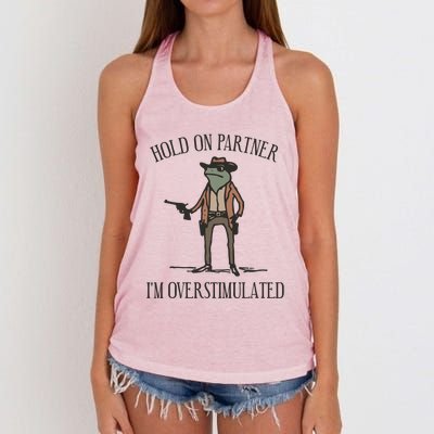 Hold On Partner IM Overstimulated Cowboy Frog Vintage Women's Knotted Racerback Tank