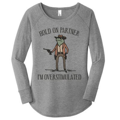 Hold On Partner IM Overstimulated Cowboy Frog Vintage Women's Perfect Tri Tunic Long Sleeve Shirt