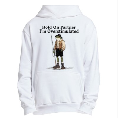 Hold On Partner IM Overstimulated Funny Frog Fishing Humor Urban Pullover Hoodie