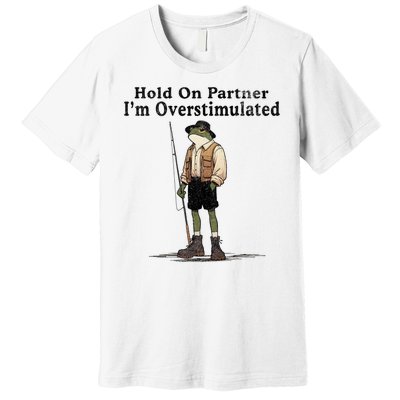 Hold On Partner IM Overstimulated Funny Frog Fishing Humor Premium T-Shirt