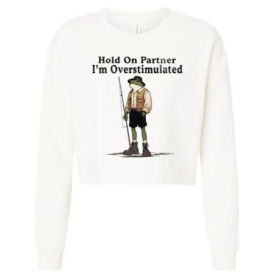 Hold On Partner IM Overstimulated Funny Frog Fishing Humor Cropped Pullover Crew