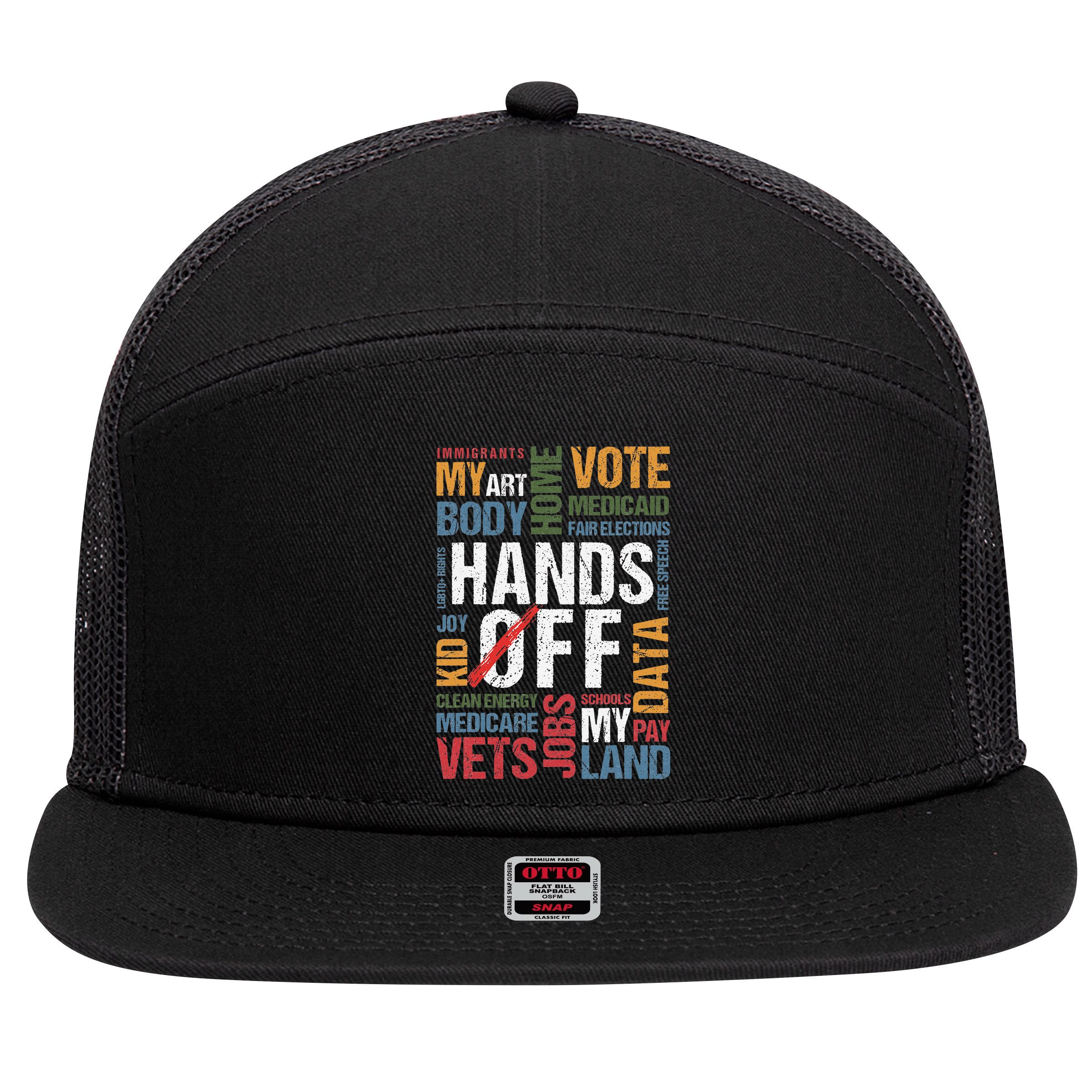 Hands Off Protest Social Security And Medicare Resist 8647 7 Panel Mesh Trucker Snapback Hat