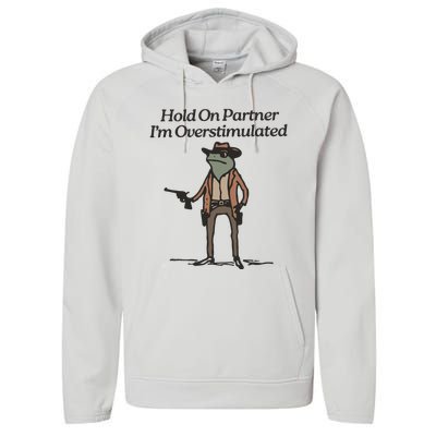 Hold On Partner IM Overstimulated Cowboy Frog Funny Performance Fleece Hoodie