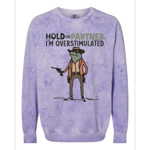 Hold On Partner IM Overstimulated Cowboy Frog Meme Genz Colorblast Crewneck Sweatshirt