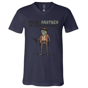 Hold On Partner IM Overstimulated Cowboy Frog Meme Genz V-Neck T-Shirt