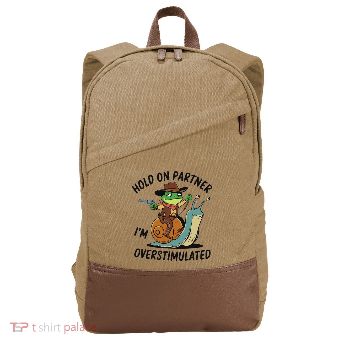 Hold On Partner IM Overstimulated Cowboy Frog Riding Snail Cotton Canvas Backpack