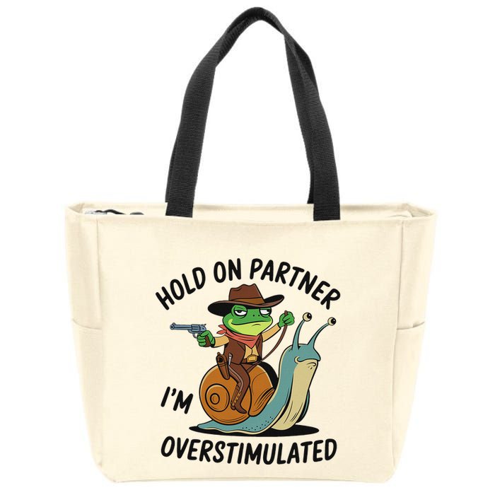 Hold On Partner IM Overstimulated Cowboy Frog Riding Snail Zip Tote Bag