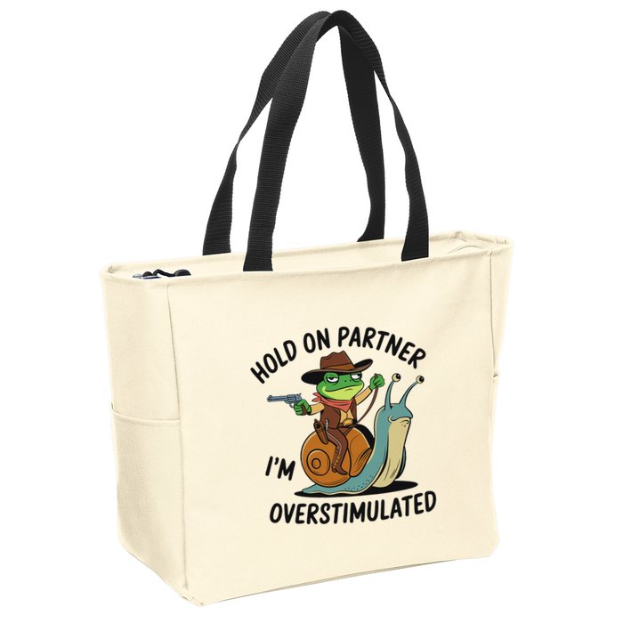Hold On Partner IM Overstimulated Cowboy Frog Riding Snail Zip Tote Bag