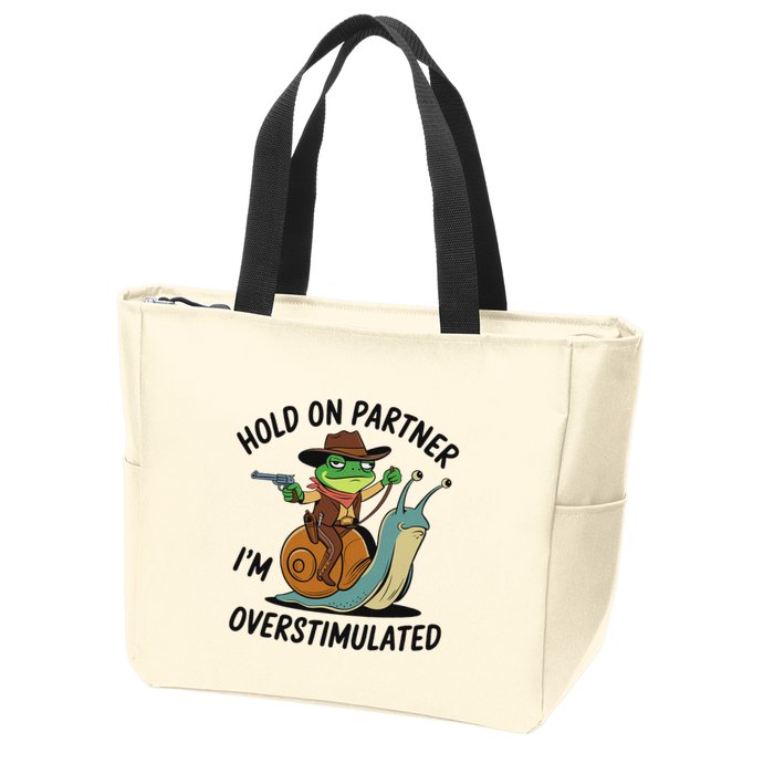 Hold On Partner IM Overstimulated Cowboy Frog Riding Snail Zip Tote Bag