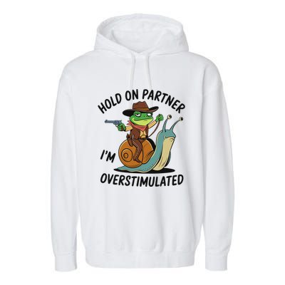 Hold On Partner IM Overstimulated Cowboy Frog Riding Snail Garment-Dyed Fleece Hoodie