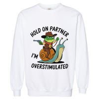 Hold On Partner IM Overstimulated Cowboy Frog Riding Snail Garment-Dyed Sweatshirt