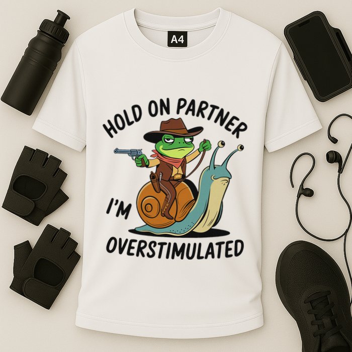 Hold On Partner IM Overstimulated Cowboy Frog Riding Snail Cooling Performance Crew T-Shirt