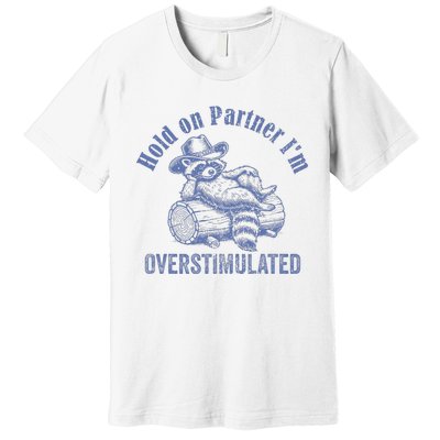 Hold On Partner IM Overstimulated Cowboy Raccoon Vintage Premium T-Shirt