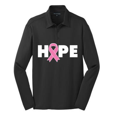 Hope Breast Cancer Awareness Ribbon Silk Touch Performance Long Sleeve Polo