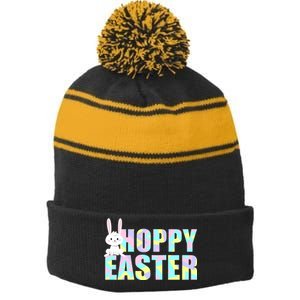 Hoppy Easter Colorful Happy Easter Bunny Stripe Pom Pom Beanie