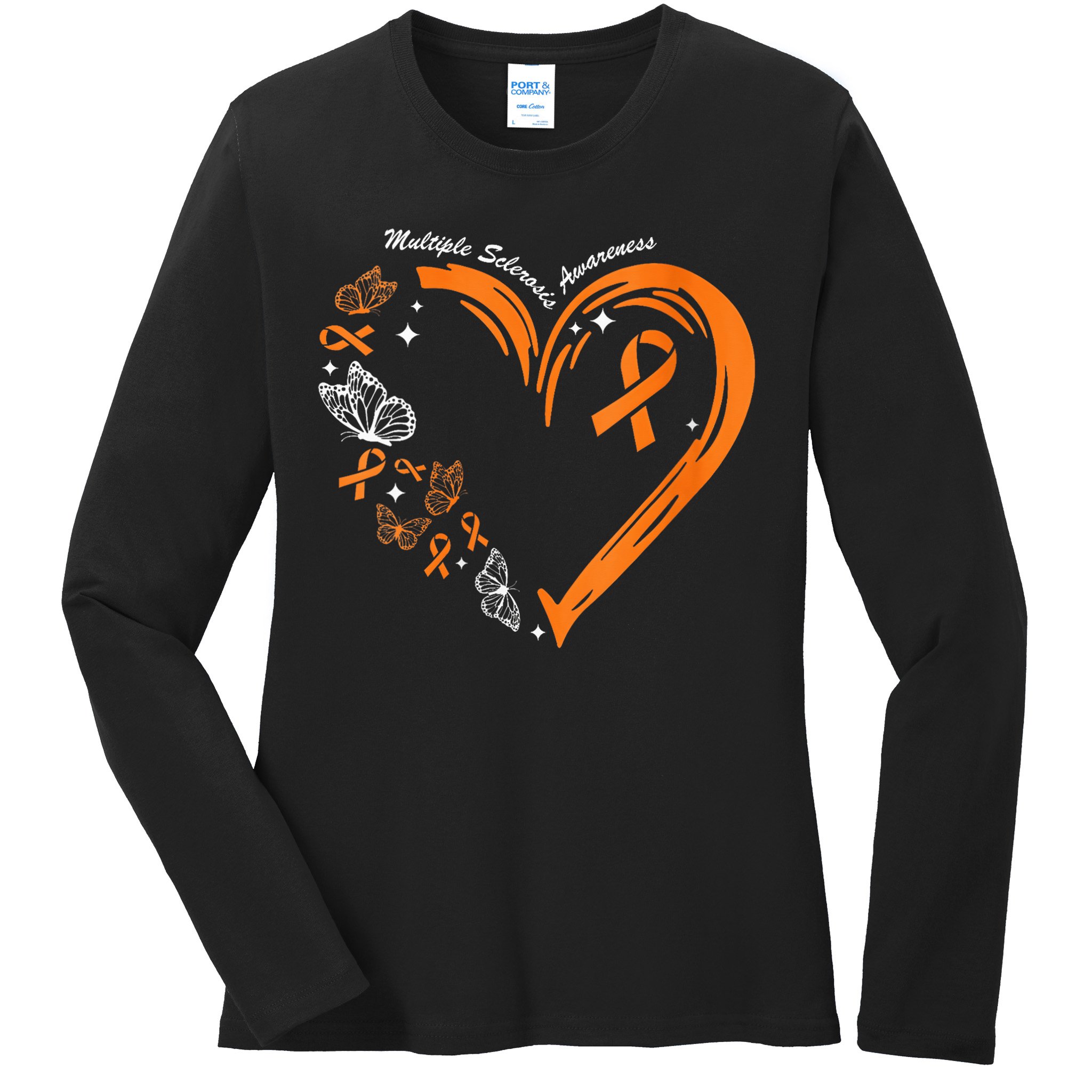 Heart Orange Ribbon Multiple Sclerosis Awareness Ladies Long Sleeve Shirt