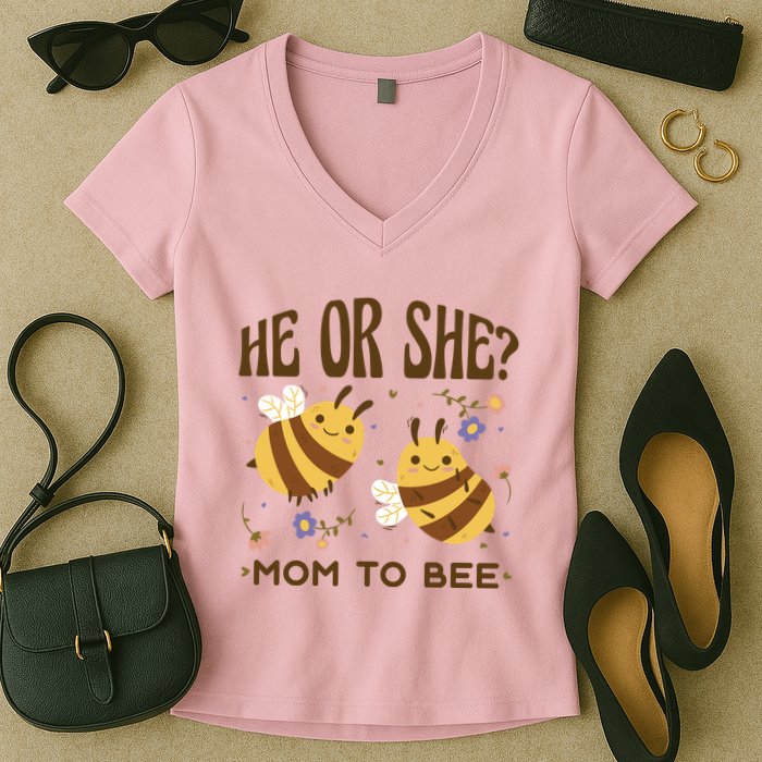 He Or She Mom To Bee Gender Reveal Women's V-Neck T-Shirt