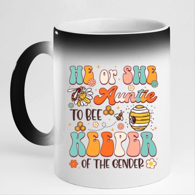 He Or She Auntie To Bee Keeper Of The Gender Reveal Groovy 11oz Black Color Changing Mug