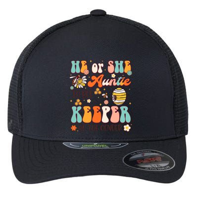 He Or She Auntie To Bee Keeper Of The Gender Reveal Groovy Flexfit Unipanel Trucker Cap