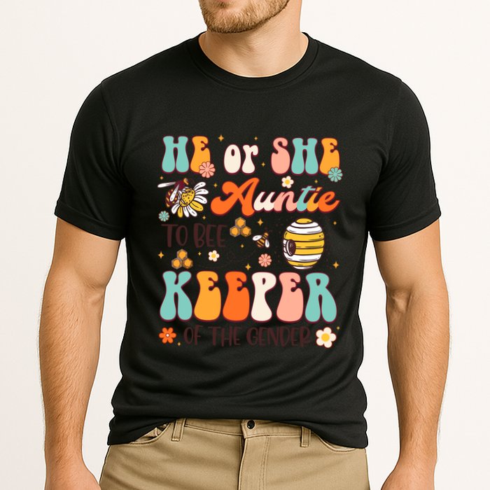 He Or She Auntie To Bee Keeper Of The Gender Reveal Groovy Cooling Performance Crew T-Shirt