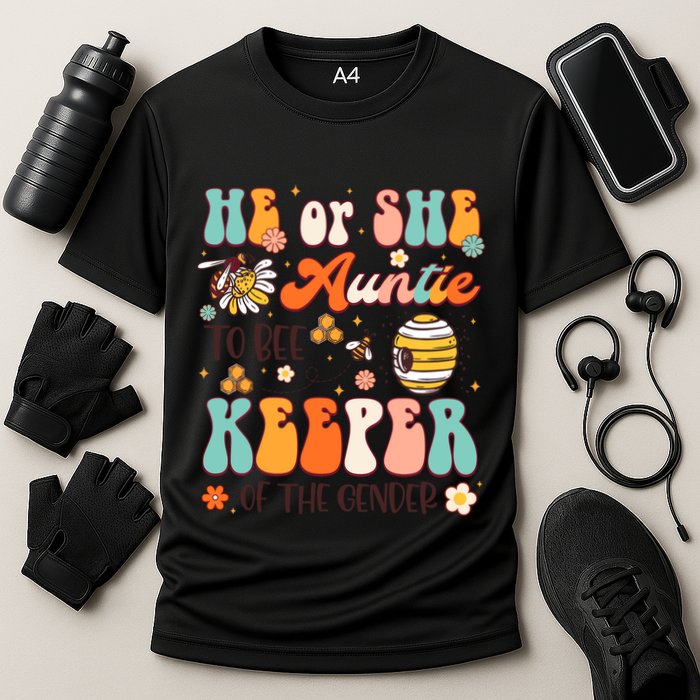 He Or She Auntie To Bee Keeper Of The Gender Reveal Groovy Cooling Performance Crew T-Shirt