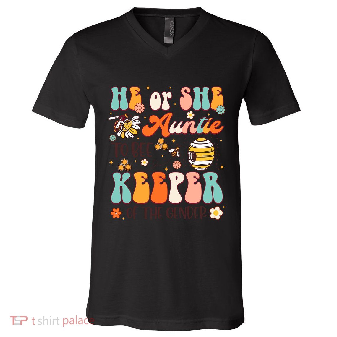 He Or She Auntie To Bee Keeper Of The Gender Reveal Groovy V-Neck T-Shirt
