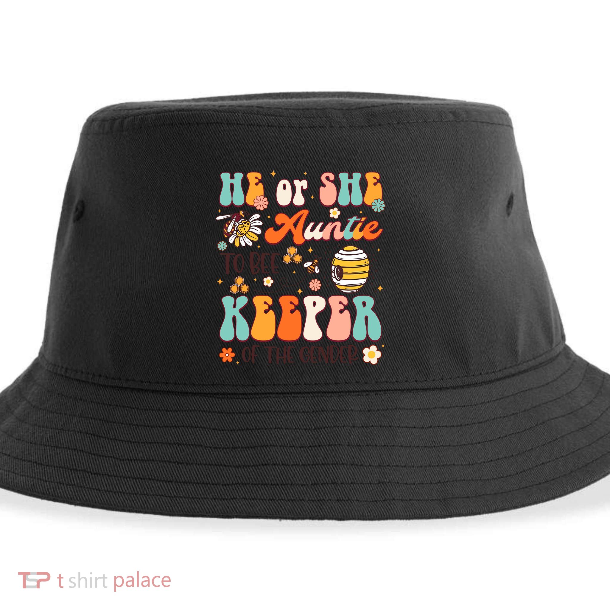 He Or She Auntie To Bee Keeper Of The Gender Reveal Groovy Sustainable Bucket Hat