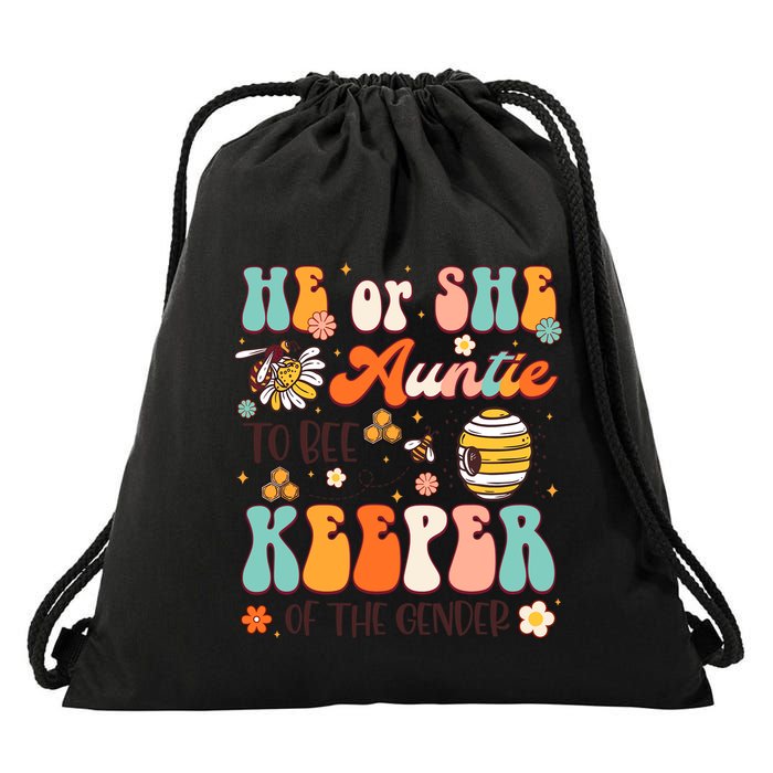 He Or She Auntie To Bee Keeper Of The Gender Reveal Groovy Drawstring Bag