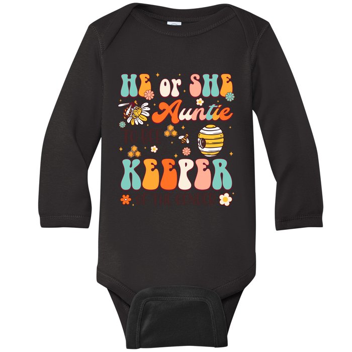 He Or She Auntie To Bee Keeper Of The Gender Reveal Groovy Baby Long Sleeve Bodysuit