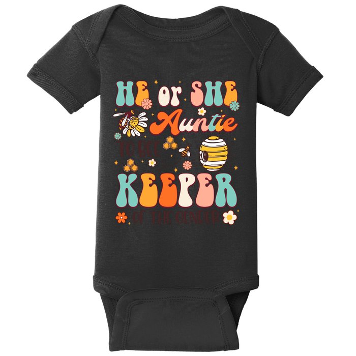 He Or She Auntie To Bee Keeper Of The Gender Reveal Groovy Baby Bodysuit