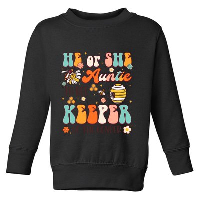 He Or She Auntie To Bee Keeper Of The Gender Reveal Groovy Toddler Sweatshirt